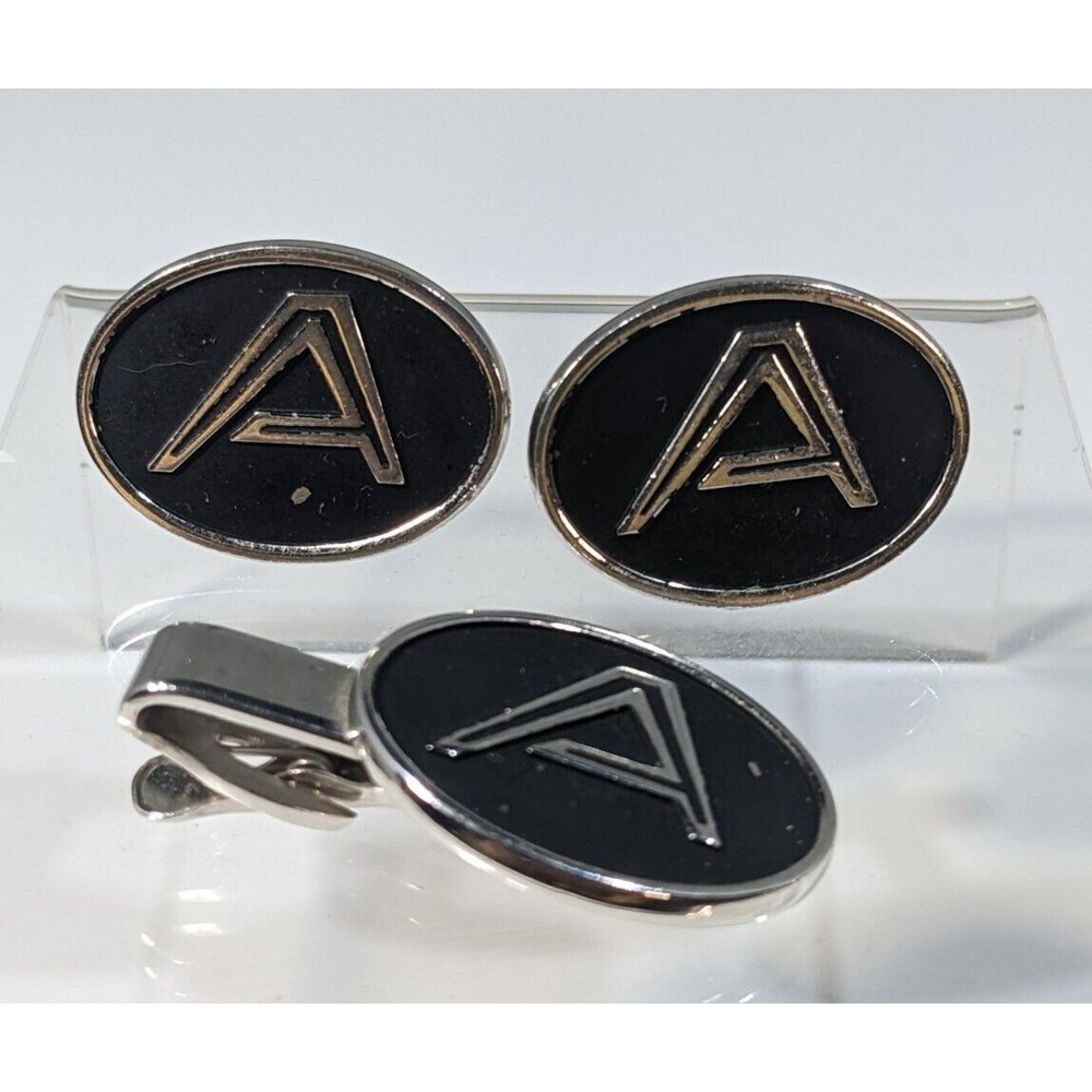 VINTAGE ESTATE HICKOK USA SILVER TONE INITIAL A CUFF LINKS AND TIE CLIP SET LOT